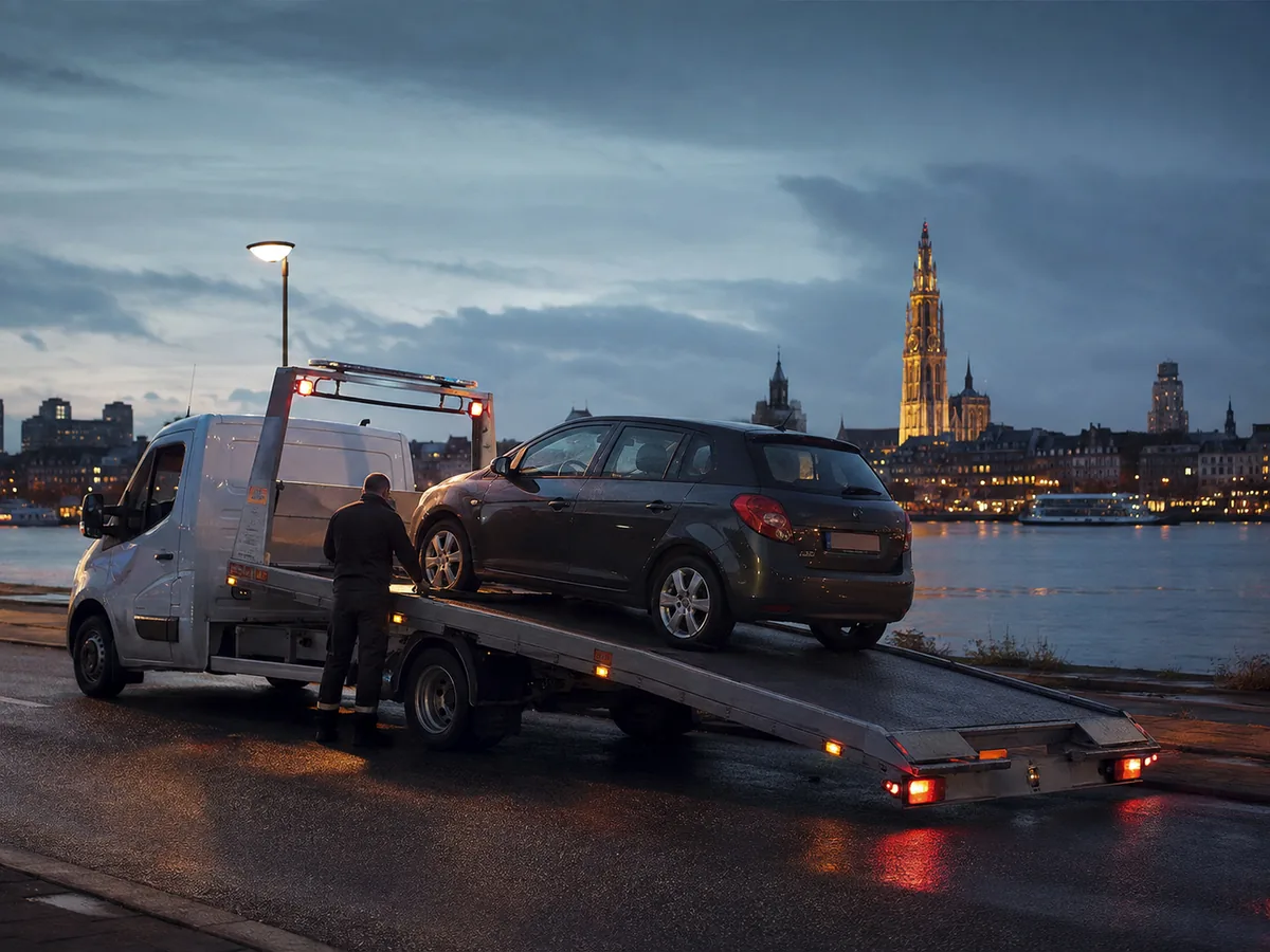 Auto wordt in Antwerpen op een oprijwagen geladen voor gratis ophaling, met de toren van de Onze-Lieve-Vrouwekathedraal op de achtergrond